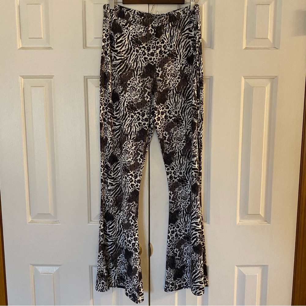 Nasty gal animal print flare leggings, black/white, size US 14